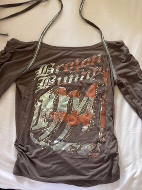 Y2K Brown Bunny Rhinestone Graphic Off-Shoulder Top